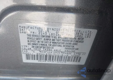 2019 Nissan Sentra S z USA, uszkodzony, nr VIN 3N1AB7AP3KY320170